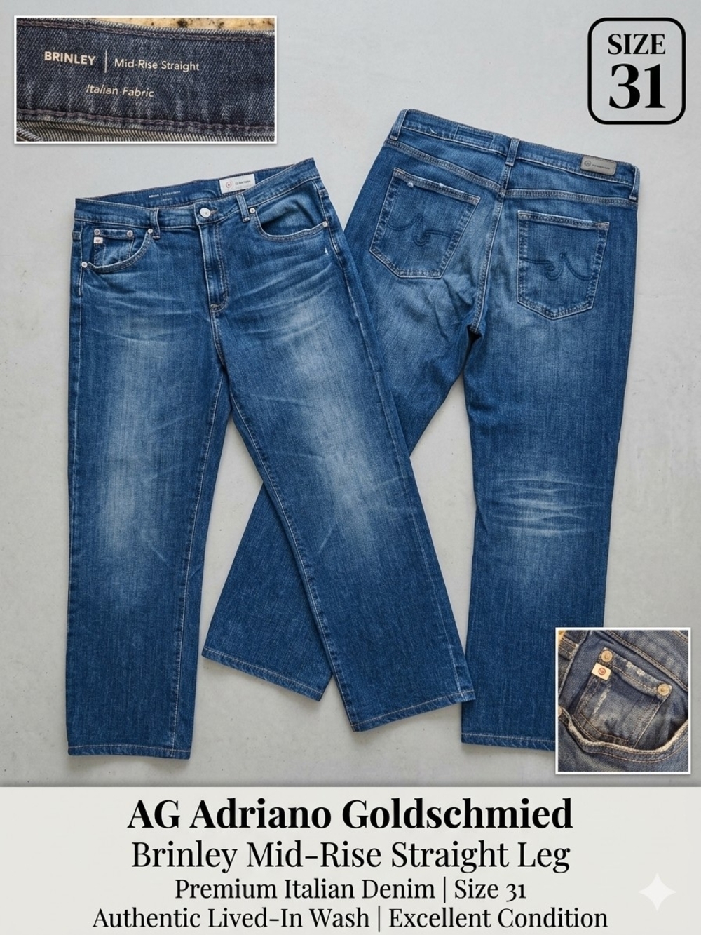 AG Adriano Goldschmied Brinley Mid-Rise Straight Leg Jeans - Sz 31